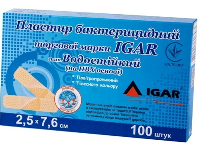 Пластир бактерицидний IGAR тип Водостійкий (на ПВХ основі) 2,5 х 7,6 см